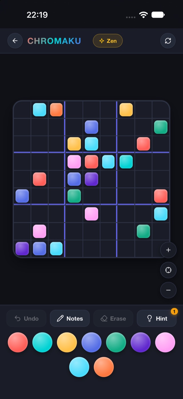Chromaku game board with colored cells and the color picker